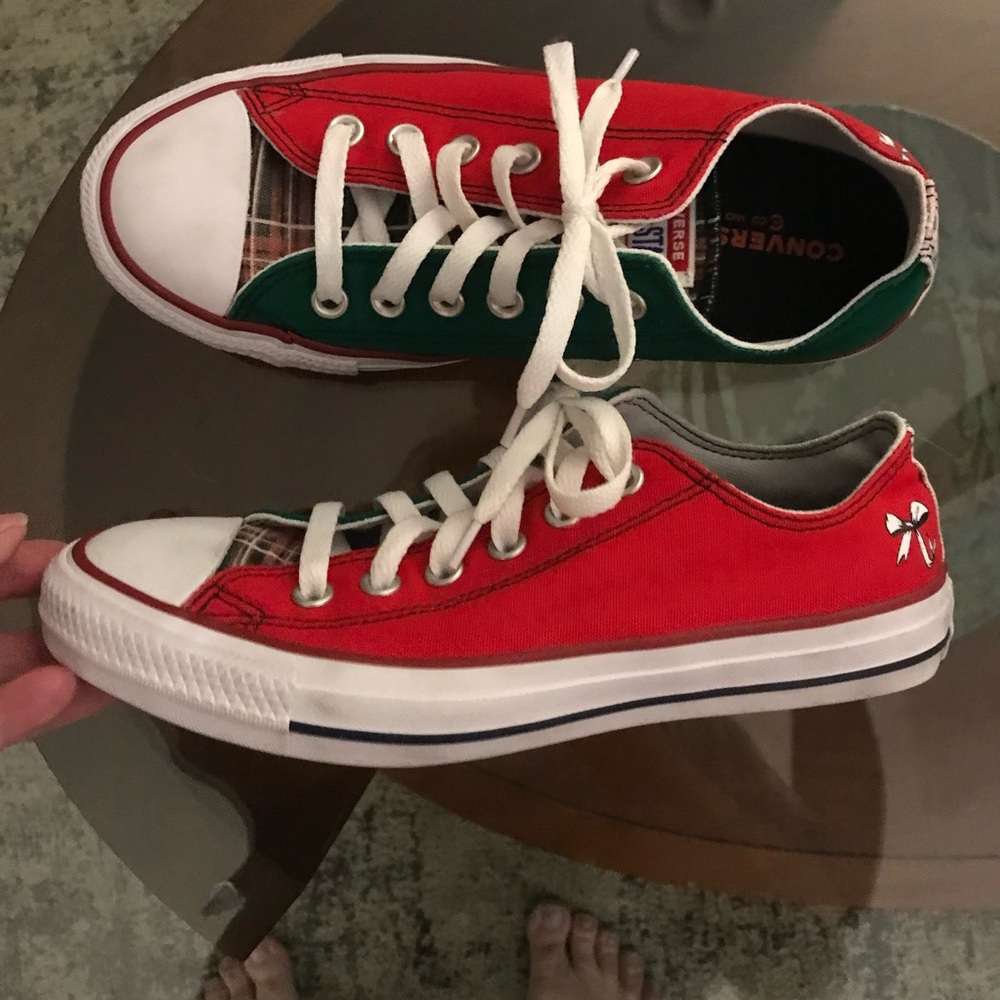 CONVERSE All Star Canvas Low Top Christmas Sneakers *Red, Green & Plaid* - Picture 3 of 12